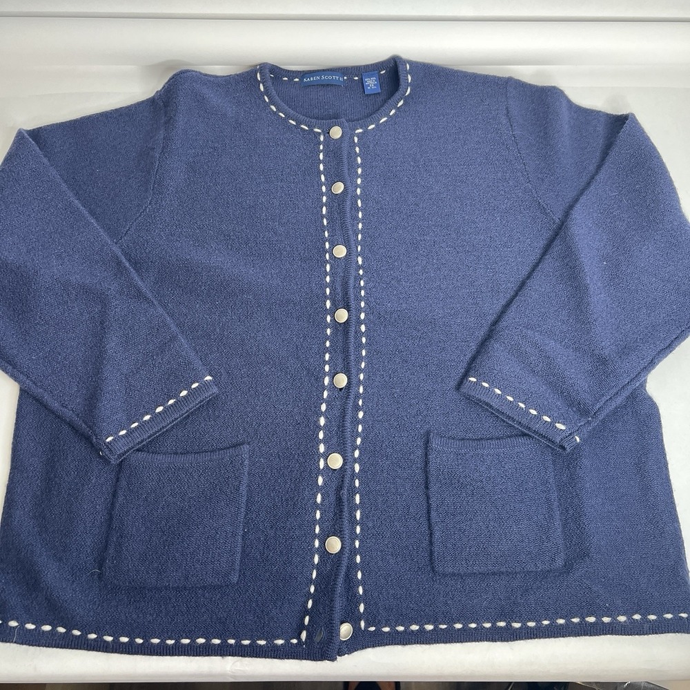 Karen Scott Cardigan Womens Navy 100% Boiled Wool Button Up 2X Sweater